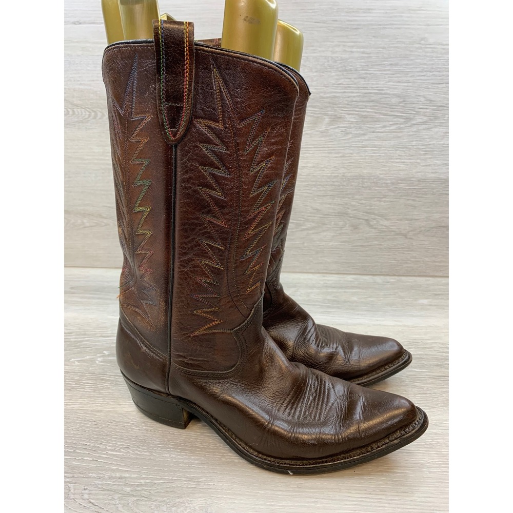 Rodeo Men's Brown Leather Western Cowboy Boots Rainbow Stitching USA Made 9 D